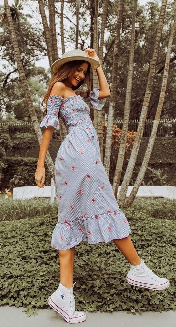 blue striped midi dress with red floral accents is perfect for a casual tea party